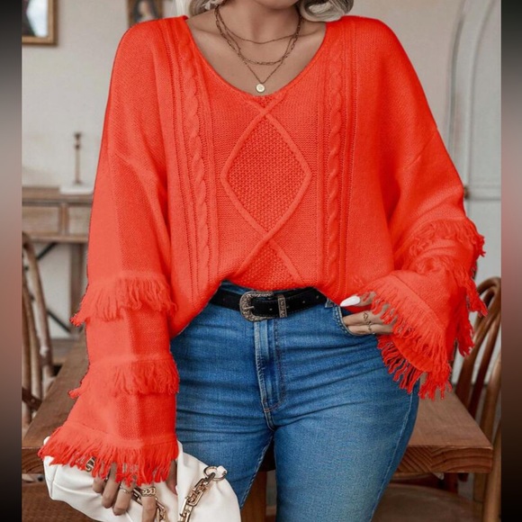 Plus size cozy fringe detail cable knit sweater top - Picture 13 of 16
